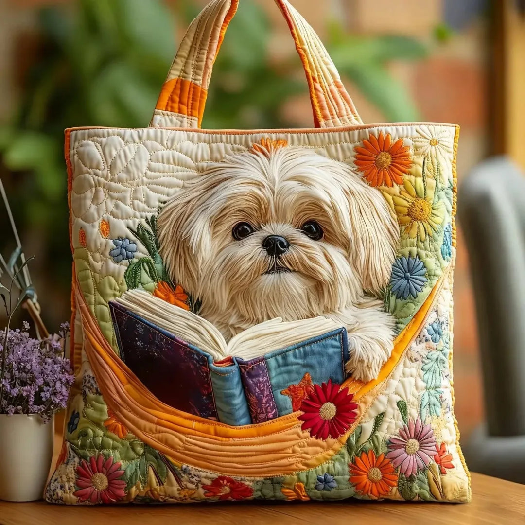 Bolsa artesanal - Shih Tzu com Livros e Flores