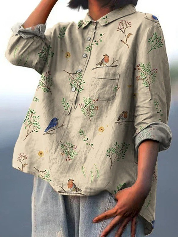 Alice - Camisa Casual Impressa com Padrão de Ramos e Pássaros Robin