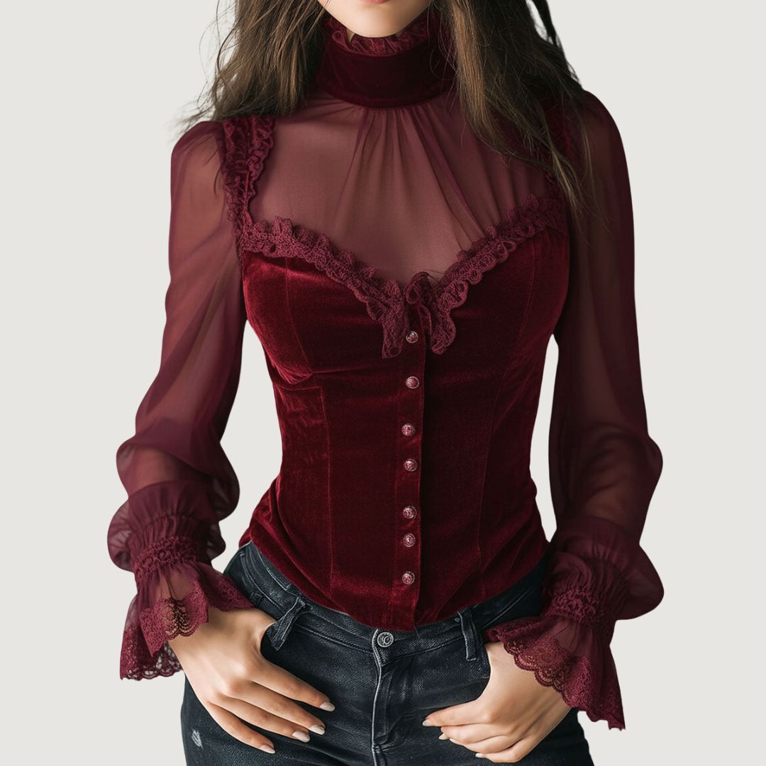 Samantha™ | Camisa elegante em renda e veludo