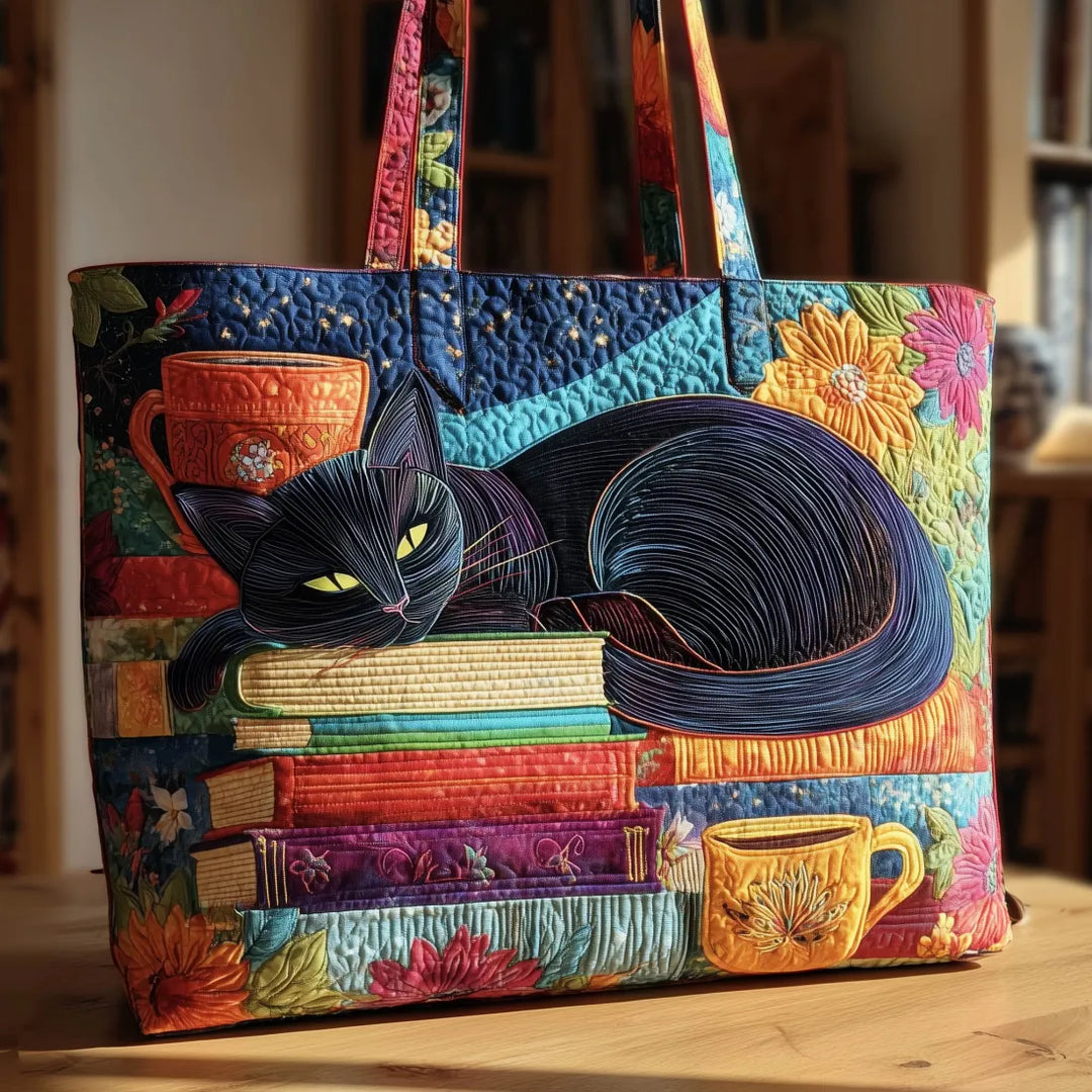 Bolsa artesanal - Gato Preto com Livros e Canecas