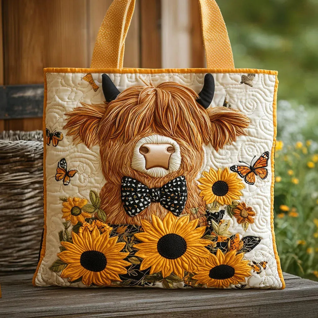 Bolsa acolchoada - Vaca das Highlands e Girassóis