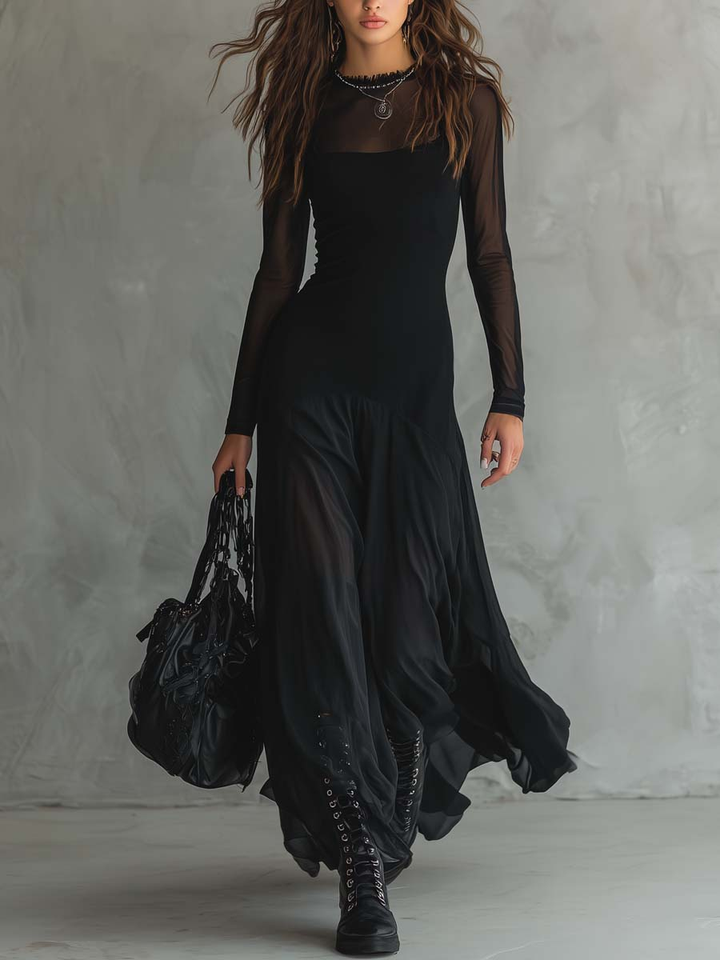Nina - Vestido maxi preto em tule de corte solto