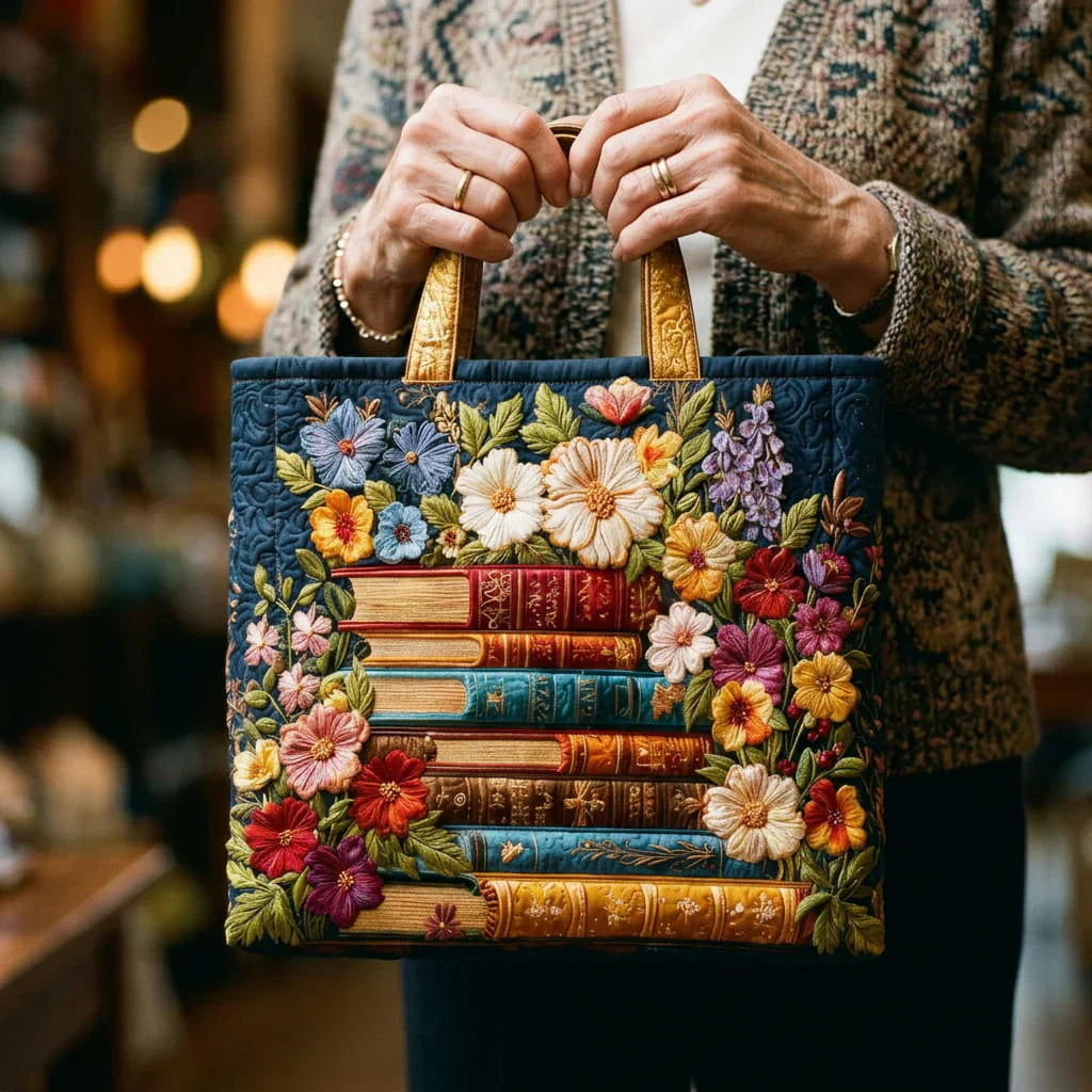 Bolsa artesanal – Impressão Floral e Livros